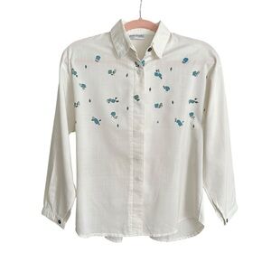 Vintage Jean Bailly Paris White Button Up Blouse 70s Floral French Romantic Vibe